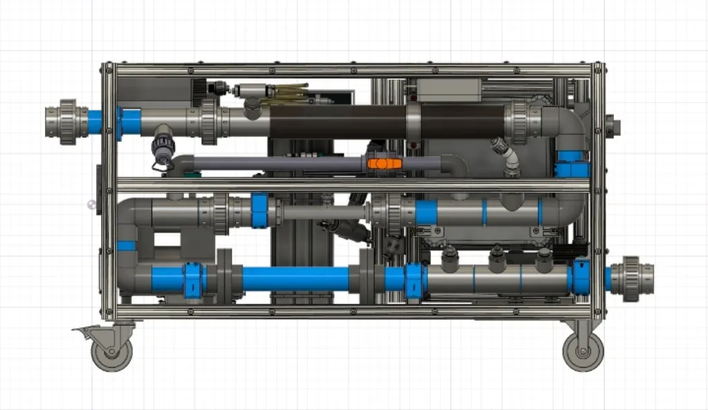 Renderizado CAD a escala del módulo CTR-PACK: un bastidor de dos niveles con cámaras de tratamiento en línea, bombas y conexiones rápidas.