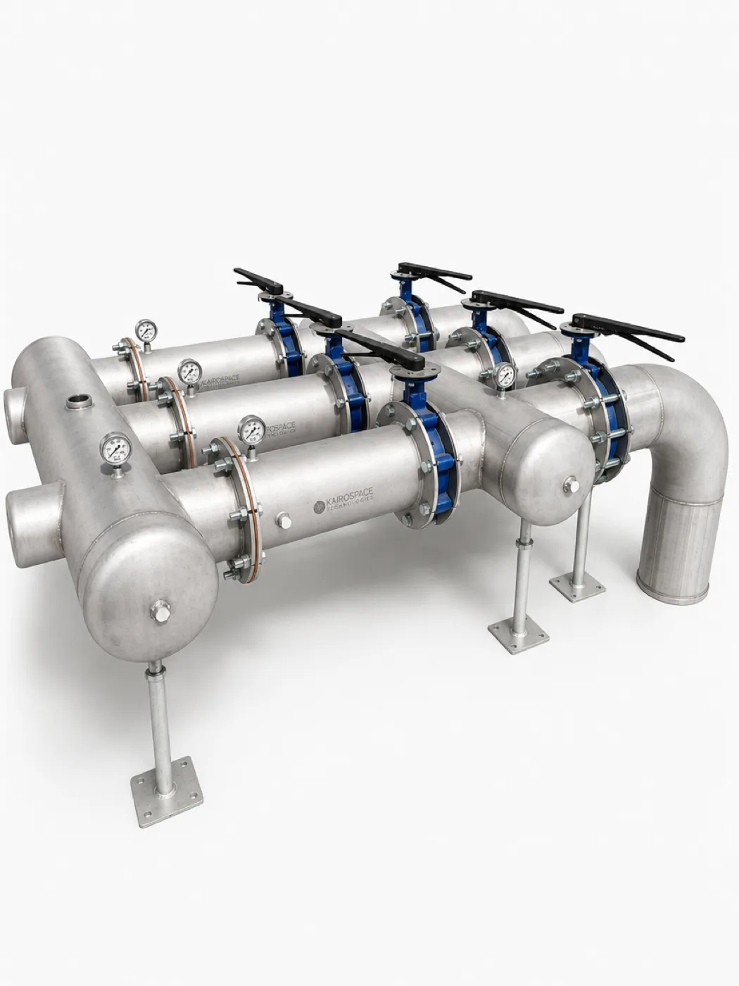Stainless manifold running four injectors in parallel on stands