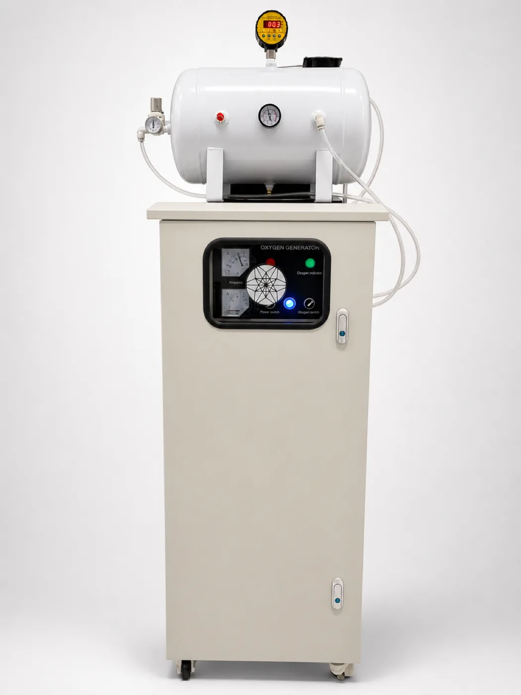 Cabinet oxygen generator with a receiver tank mounted on top