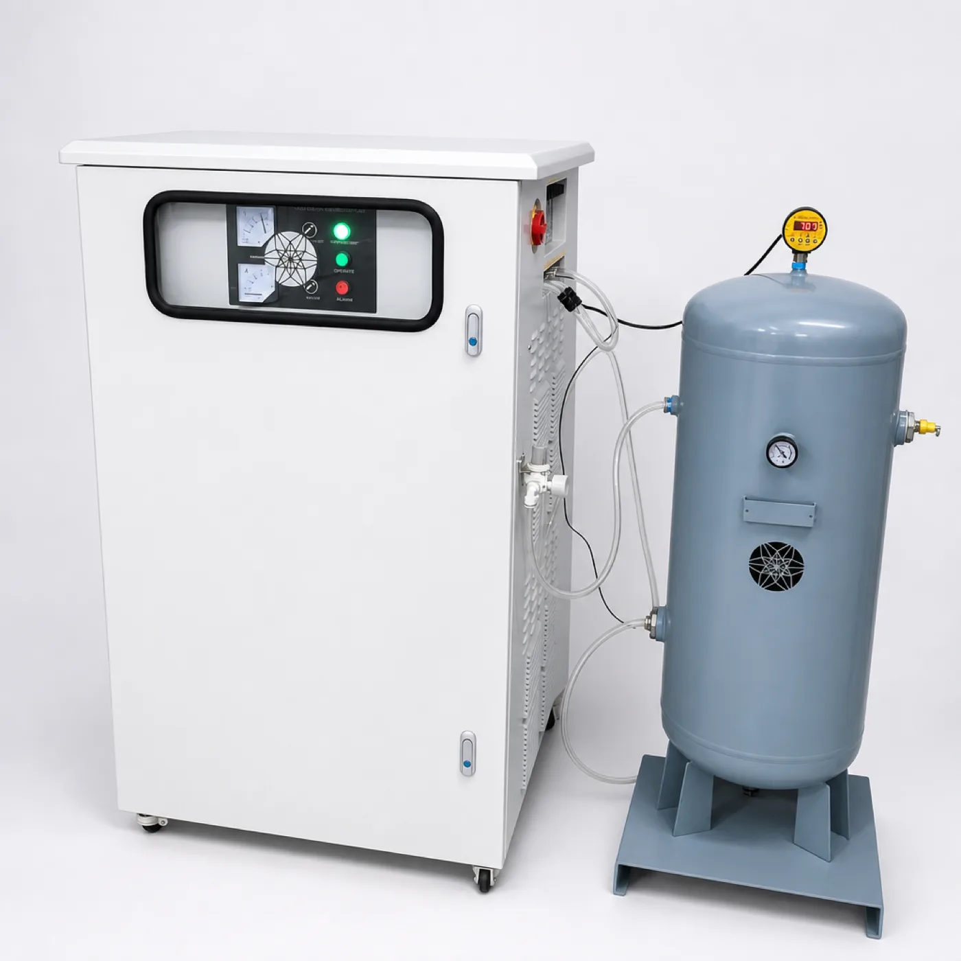 Oxygen generator beside a floor-standing receiver tank
